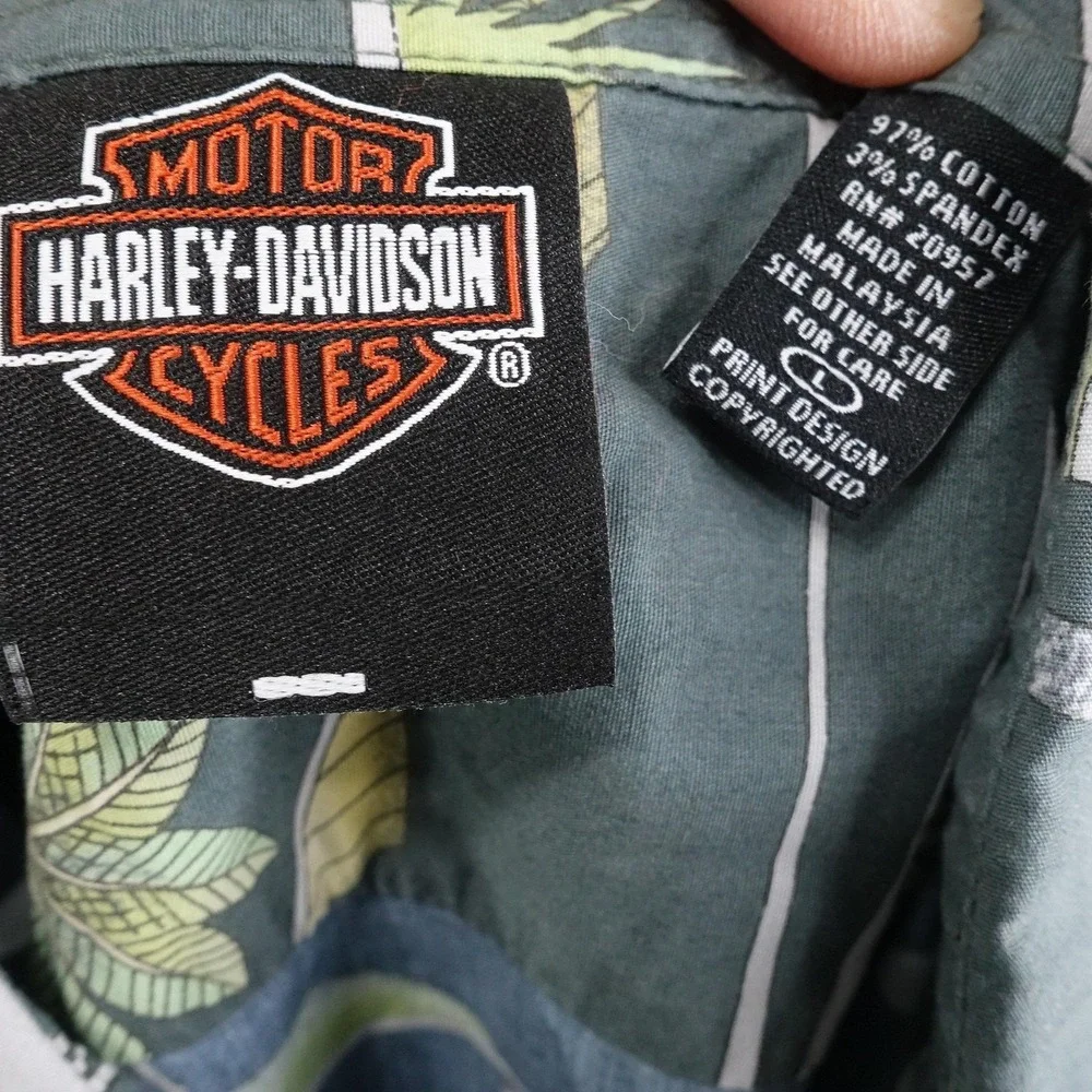 New! Harley-Davidson Hawaiian Shirt Mens L Gray Short Sleeve Button-Up Roam Free - Picture 6 of 7